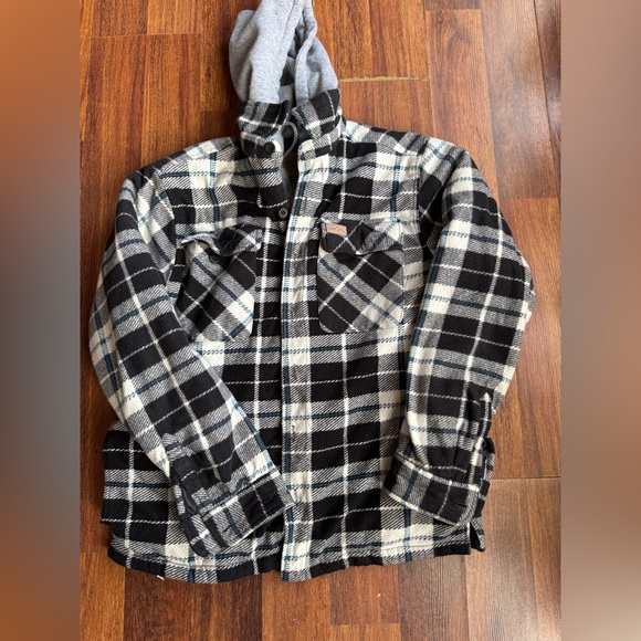 Men's Black and Gray Plaid Hooded Shirt Jacket - Picture 1 of 6